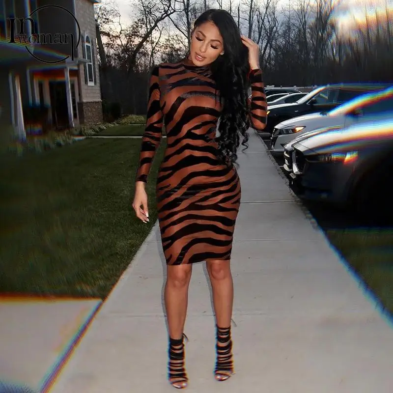 

Inwoman Spring Fall Mesh Print Black Midi Dress See Through Sexy Club Outfits For Women Long Sleeve Brown Bodycon Party Dress
