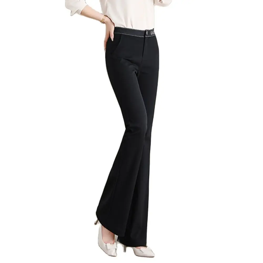 Women's Slimming Fit Flare Pants High Waist Pure Black Flared Stretch Elastic Band Skinny Trousers For Autumn S 
