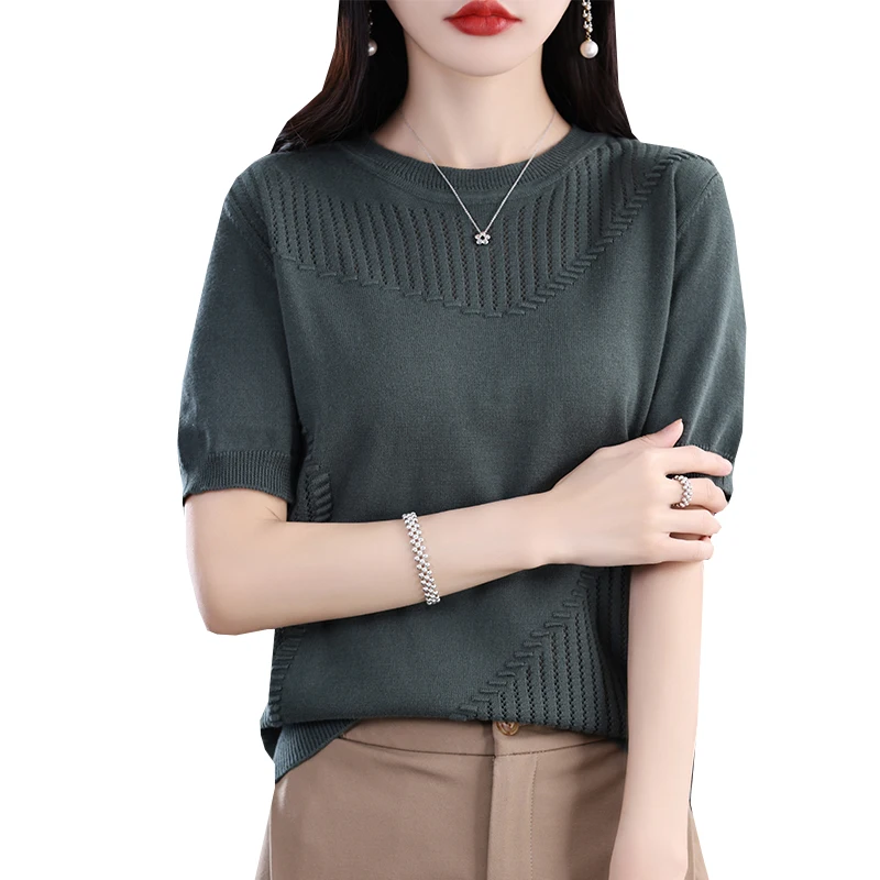 100% Cotton Pullover Women's Thin Sweater T-shirt Solid Color Fashion Elegant Short Sleeve Women's Round Neck T-shirt New in Sum images - 6
