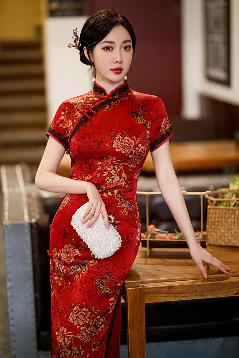 

2022 Summer Long Improved Lace Trim Flower Luo Cheongsam Daily Slim Walking Banquet Dresses Ladies Cheongsam