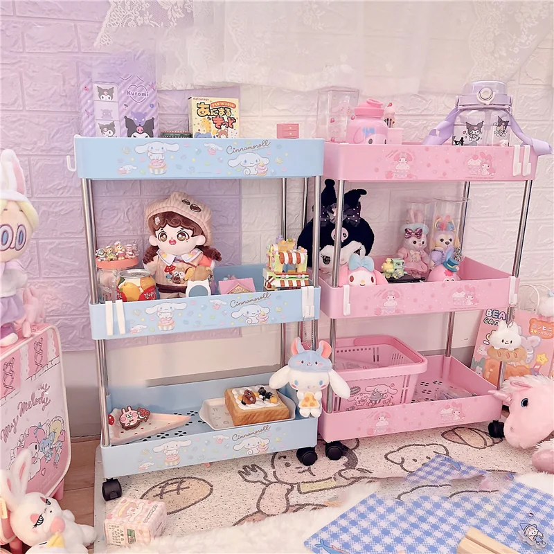 

Sanrios Three-Tier Floor-Standing Trolley Storage Rack Kawaii Anime Cinnamoroll My Melody Cartoon Cute Birthday Gift