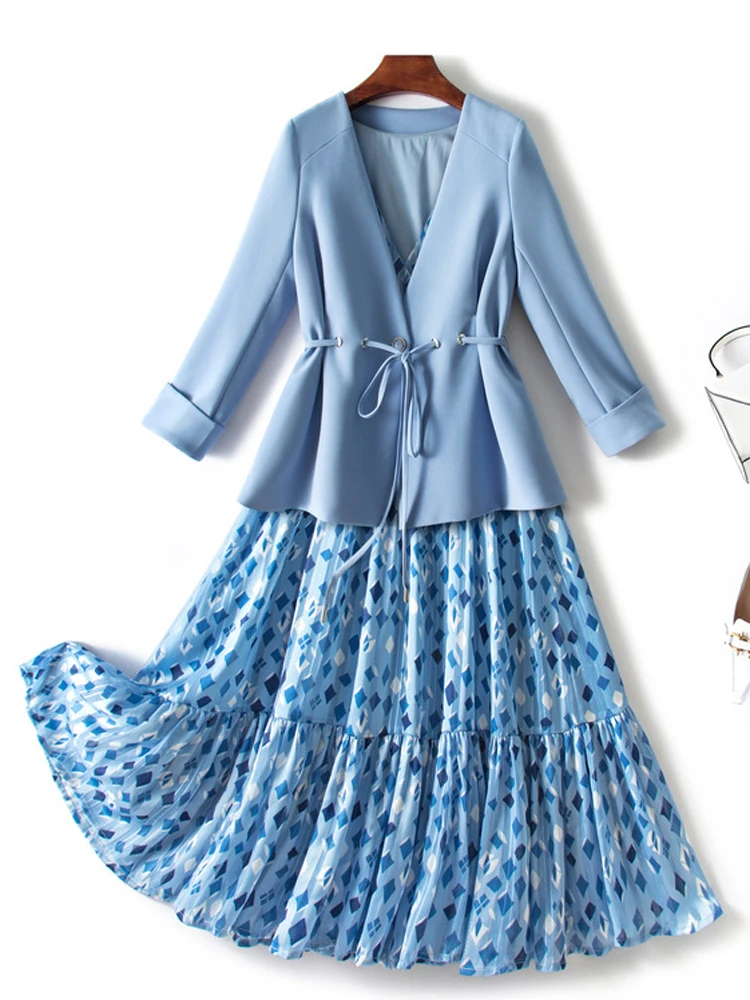 

ZJYT Office Lady Blazer Suits Set Women Elegant Jacket Geometric Print Midi Tank Dress Two Pieces Outfits Spring Work Wear XXL