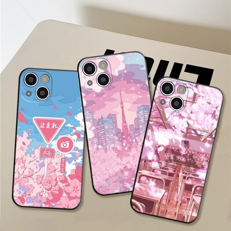 

Japanese anime pink flowers Phone Case for Iphone 14 11 12 Pro 8 7 Plus X 13 Pro MAX SE2020 XR XS RICCU Soft Covers