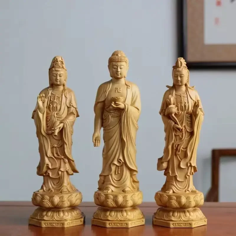 Резьба по самшиту Запад Три Святых Амитабха Будда Да Шэнгзе Гуаньинь Бодхисаттва