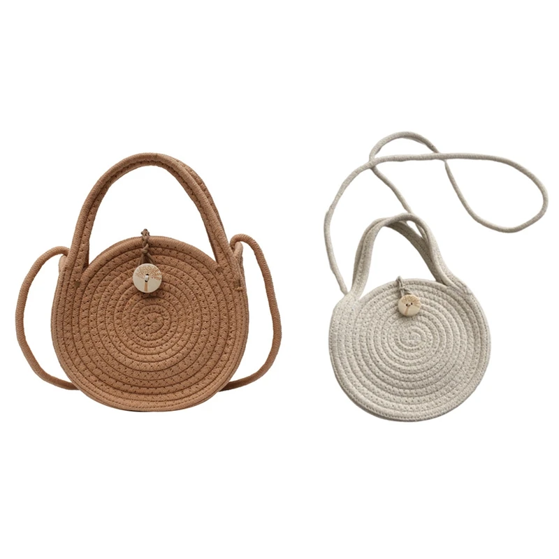 

Women Round Shoulder Bag Cotton Strap Handbag Bohemian Straw Beach Bag Crossbody Bag