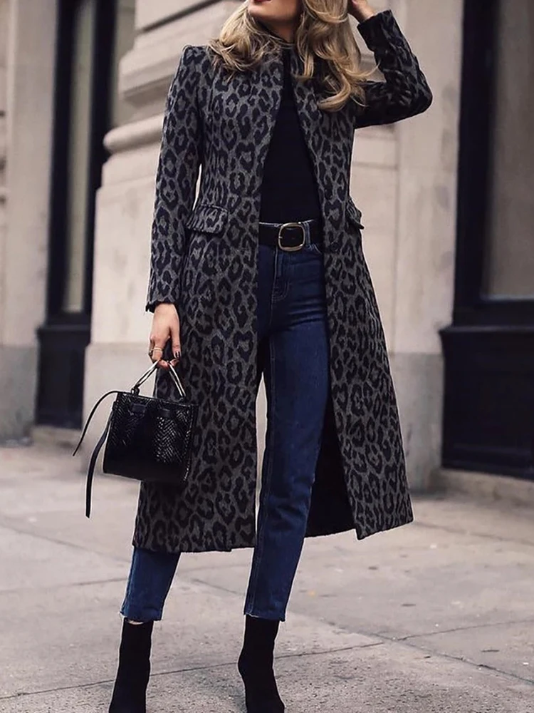 Fashion Black Leopard Print Woman Trench Mid-Length Slim Long-Sleeved Jackets High Street Trench Coats Winter Coat for Women