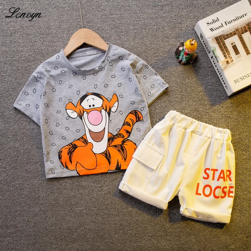 

Lenoyn Cartoon Animal Tiger and Smiling Face Decorative T-shirt White Shorts Kid's Wear Baby Boys' Set Two Pieces Clothing Sets