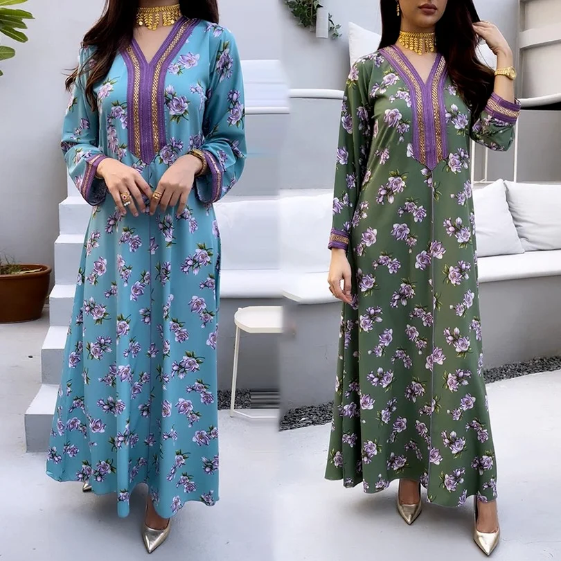 

Dashiki Floral Print Kaftan Dress Bohemian Muslim Dubai Turkish Abaya For Women Islamic Clothing Kimono Femme Musulmane 2022