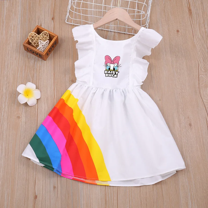 Summer Fashion Korean Little Children Costume Vestidos Kids Clothes Daisy Duck Backless Dresses for Girls Rainbow Cute Things