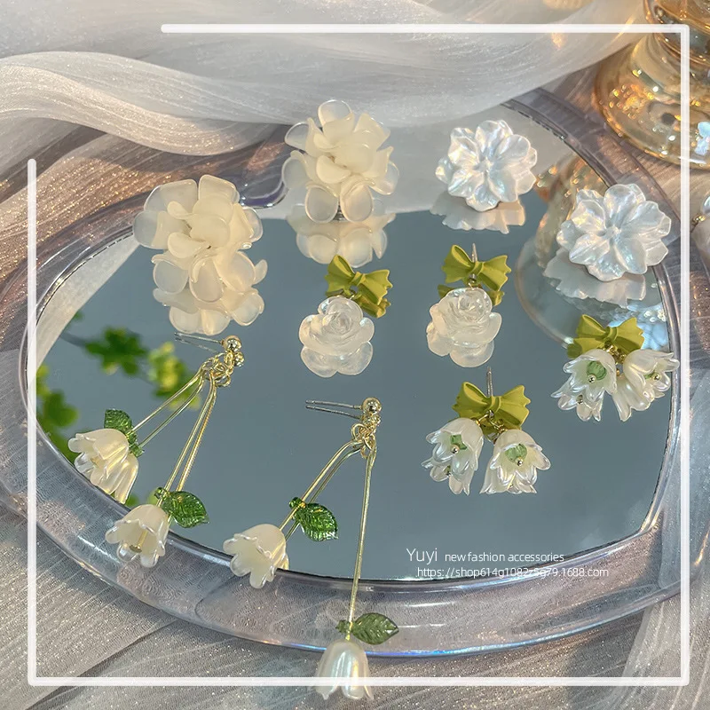 

Crystal Flower Bowknot Brincos White Green Earrings for Women 2022 New Trendy Sweet Jewelry