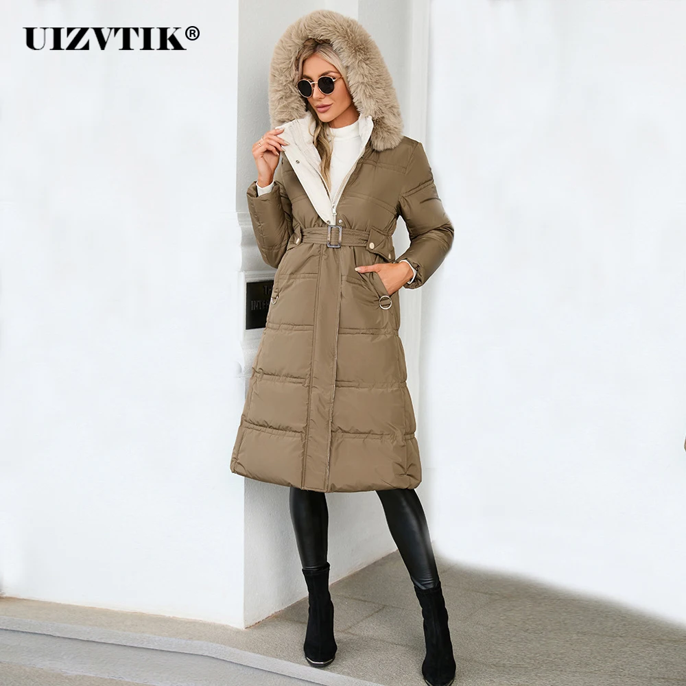 

Faux Fur Collar Hooded Parkas Women Casual Slim Winter Long Jacket Female 2022 Thick Warm Sustans Cotton Coats Outwear With Belt
