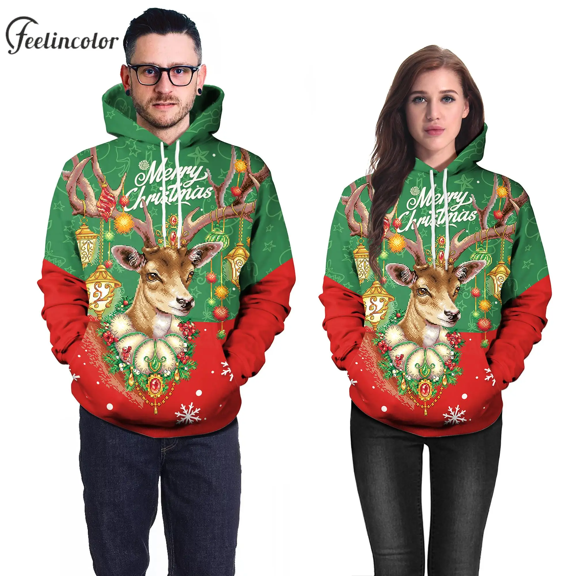 

Рождественские толстовки с 3D принтом, пуловеры оверсайз с оленем, Санта-Клаусом, толстовка с капюшоном и карманами, уличная одежда для пар, Рождественская одежда