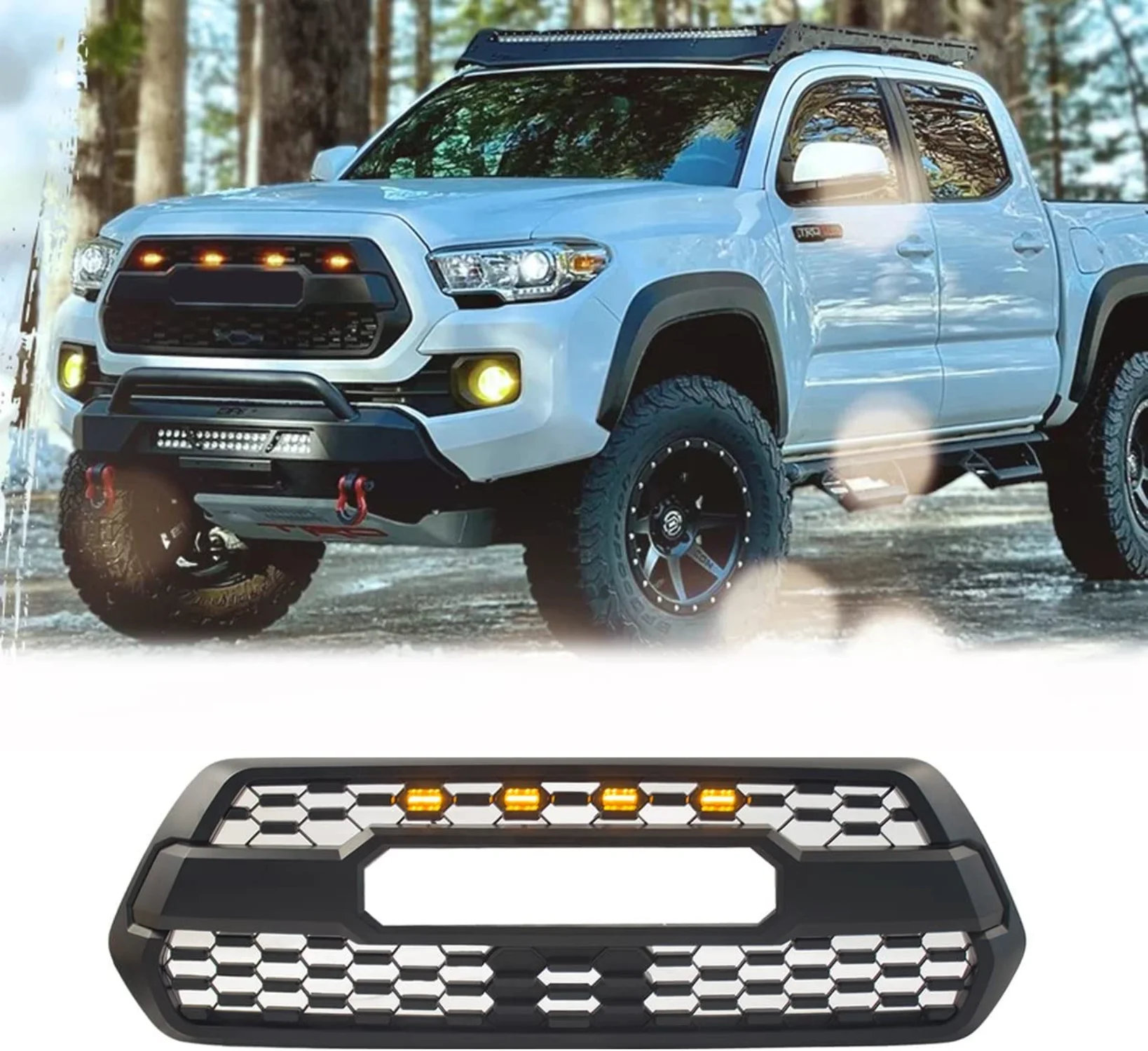 

Front Bumper Grille Fit for Toyota Tacoma 2016 2017 2018 2019 Front Racing Grill Mesh Bumper Cover Grill with 4 LED Lights