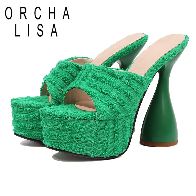 

ORCHA LISA Ladies Sandals Open Toe Strange Heel Flock Slippers Platform Mules Shoes Big Size 34-43 Green Orange Party S3858