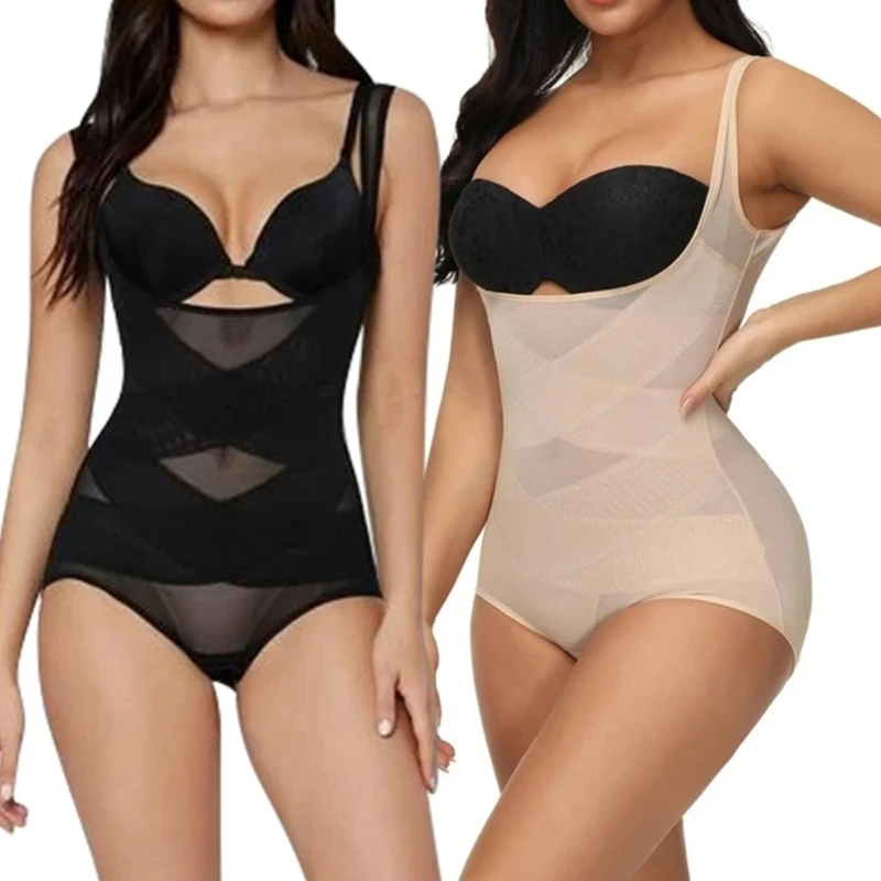 

Womens Wide Straps Shapewear Bodysuit Tummy-Control Full Body Shaper Invisible Contrast Mesh Open Bust Jumpsuits Top