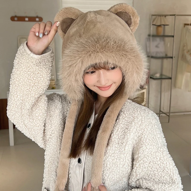 

Women's Plush Hats Cute Solid Color Soft Cold Proof Lace Up Warm Soft Ladies Hats Ear Protection Female Caps