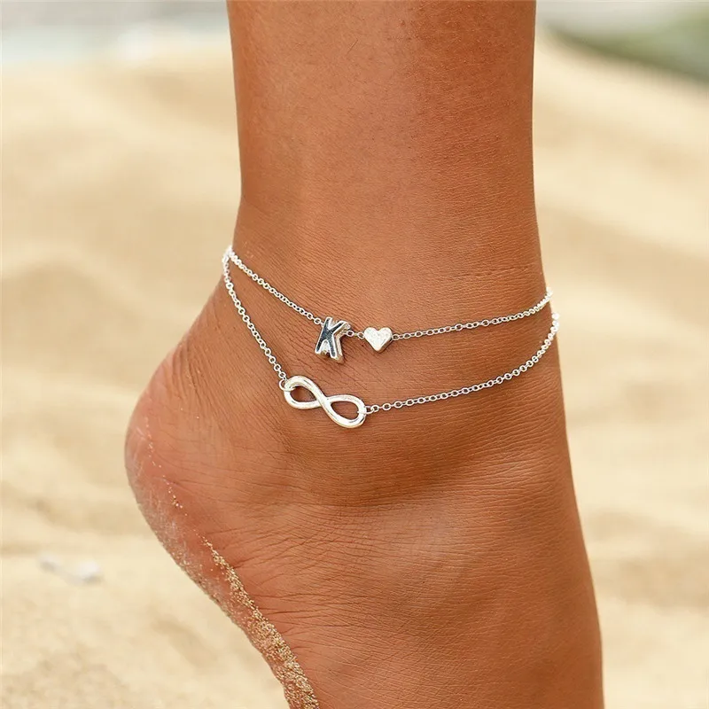 

Bohemia Style Layered 26 Letter Heart Infinity Anklet For Women Summer Beach Initial Anklet On Foot Ankle Jewelry Travel Gift