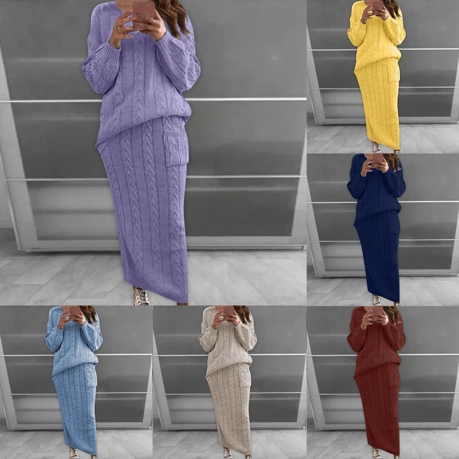 Women's Cable Knit Sweater Set In Moth Fabric Warm And Cozy For Autumn Winter A Line Two Piece Skirt Sets