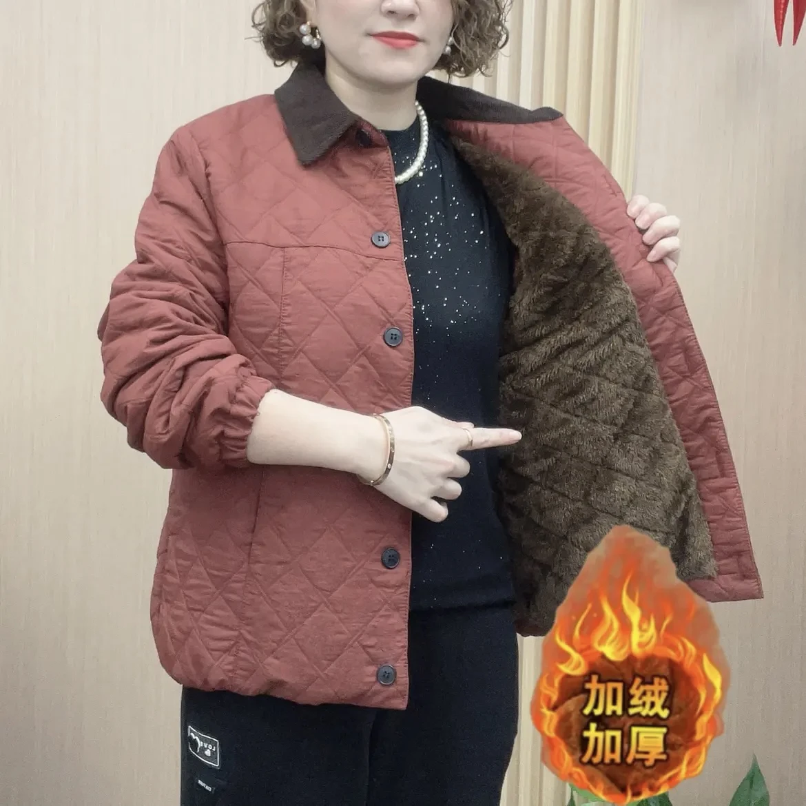 2024 Winter Temperament Fashion Mother Lapel Rhombus Cotton-padded jacket Top Warm Cotton-Padded Jacket Western Sle Age-Red...