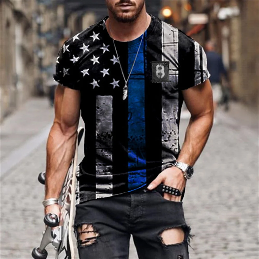 

Men Street Fashion Man and Woman Can Wear Short Sleeve Fun Star Flag Retro Printing Around Neck Pullover 3d T-shirt
