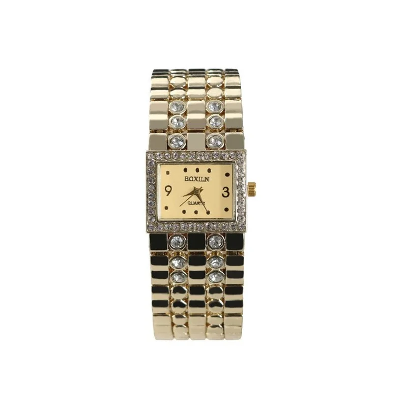 

Large Dial Alloy Strap Generous Ladies Watch Women Watches Yellow Gold Rectangular Bracelet Set with Diamonds British Watch