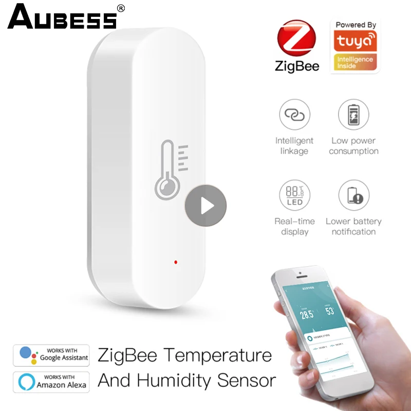 

Умный датчик температуры и влажности ZigBee, работает с приложением Tuya/SmartLife на батарейках и концентратором Zigbee, поддерживает Alexa Google Home