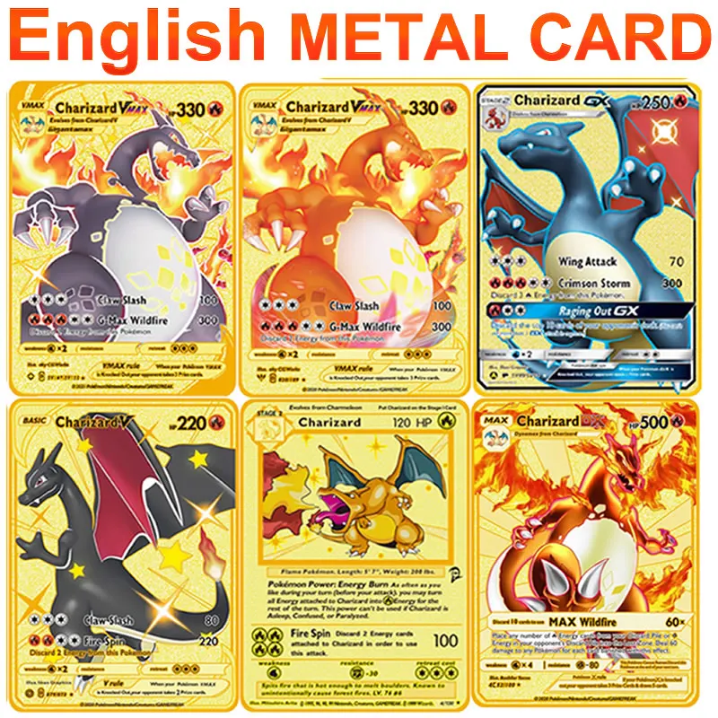 

8 Styles English Pokemon letters Metal Cards GX VMAX Collection Gold Card Charizard Pikachu Game Battle Kids Toys Christmas Gift
