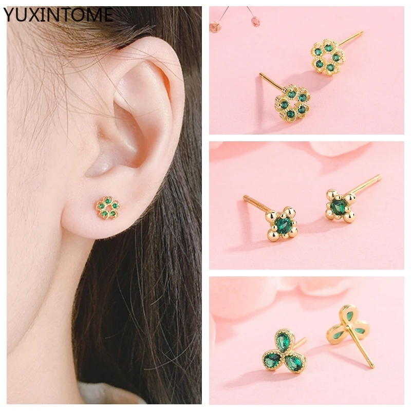 

YUXINTOME 925 Silver Ear Needle Earrings For Women Exquisite Geometric Green Zircon Perforation Stud Earrings Fine Jewelry Gift
