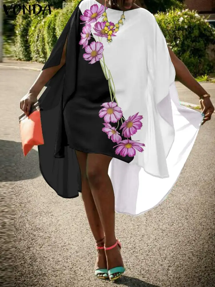 

VONDA 2022 Oversized Stylish Casual Loose Robe Women Irregular Dresses Floral Printed Holiday Midi Vestido Party Sundress Femme