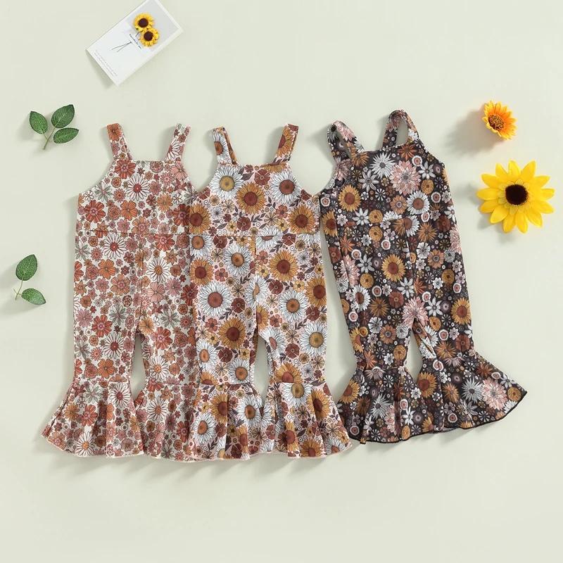 

Детский комбинезон на бретелях для девочек, летние комбинезоны без рукавов с цветочным принтом, расклешенные брюки для малышей