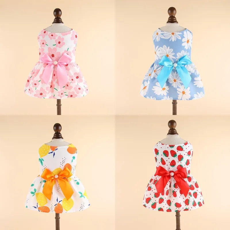 

Floral Dog Dress Bow Princess Dress Spring Summer Section Dog Skirt Wedding Dresses Cute Sweet Thin Small Fresh Snap Style