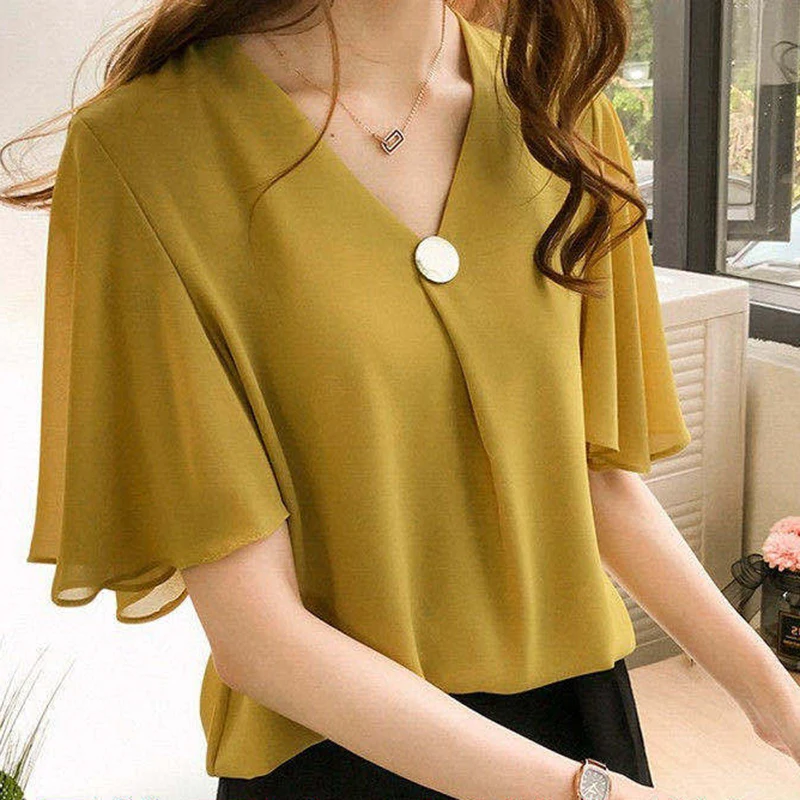 2021 summer  half-sleeve bottoming shirt women's chiffon short-sleeved t-shirt top  sexy blouse  polyester  Chiffon