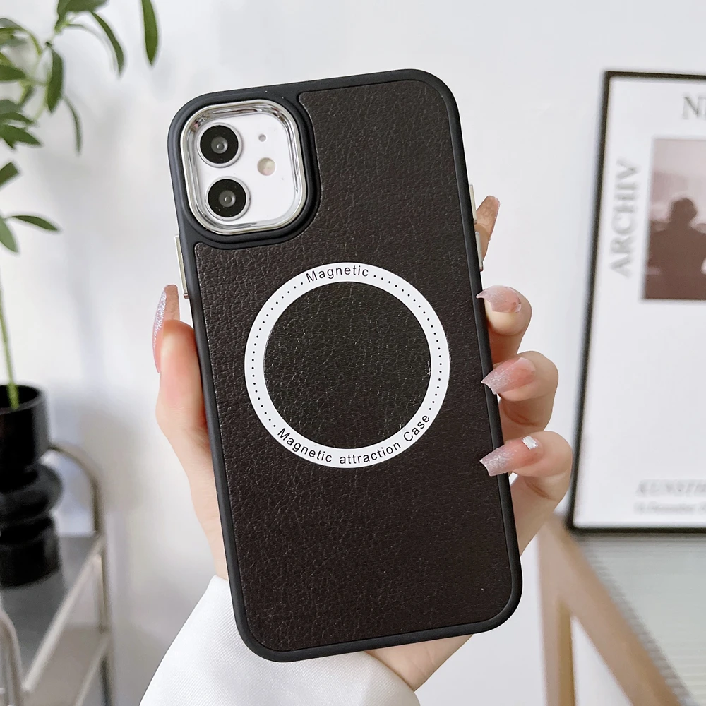

Magnetic Wireless Charging Leather Texture Back Silicon Phone Case for iPhone 13 11 12 14 Plus iPhone14 Pro Max Protective Cover
