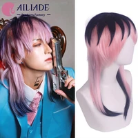 ailiade short straight synthetic wig withtail anime cosplay wigs for women men pink blue machine made heat resistant wig