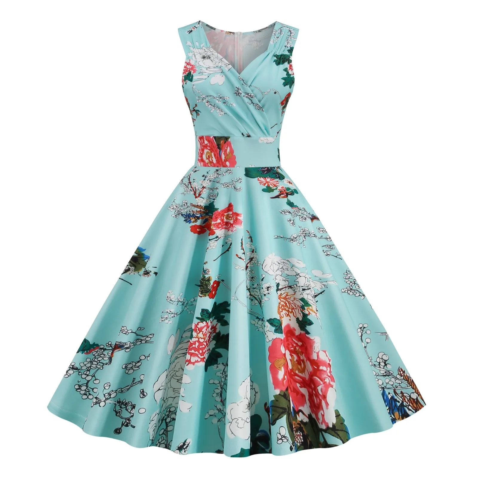 

Women's Vintage V Neck Sexy Floral Print Cocktail Dress Sleeveless Dinner Formal Dress Short Satin Dress