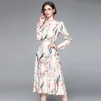 2022 summer long sleeve dresses woman romantic pink print round neck high waist dress swing elegant graceful dresses for women