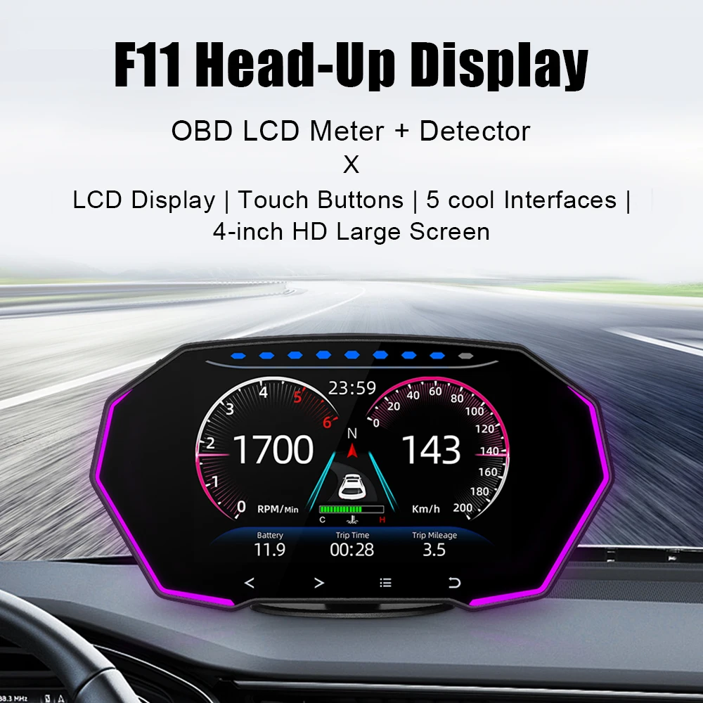 

Car Head Up Display OBD2 GPS Dual System HUD Touch Buttons 4 Inch Security Alarm Speedometer F11 Diagnostic Water Oil Temp