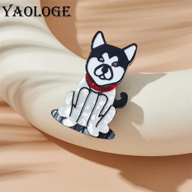 

YAOLOGE Acrylic Cute Black White Dog Brooches For Mens Kids New Trend Animal Brooch Pins Handmade Badge Jewelry Gift Party