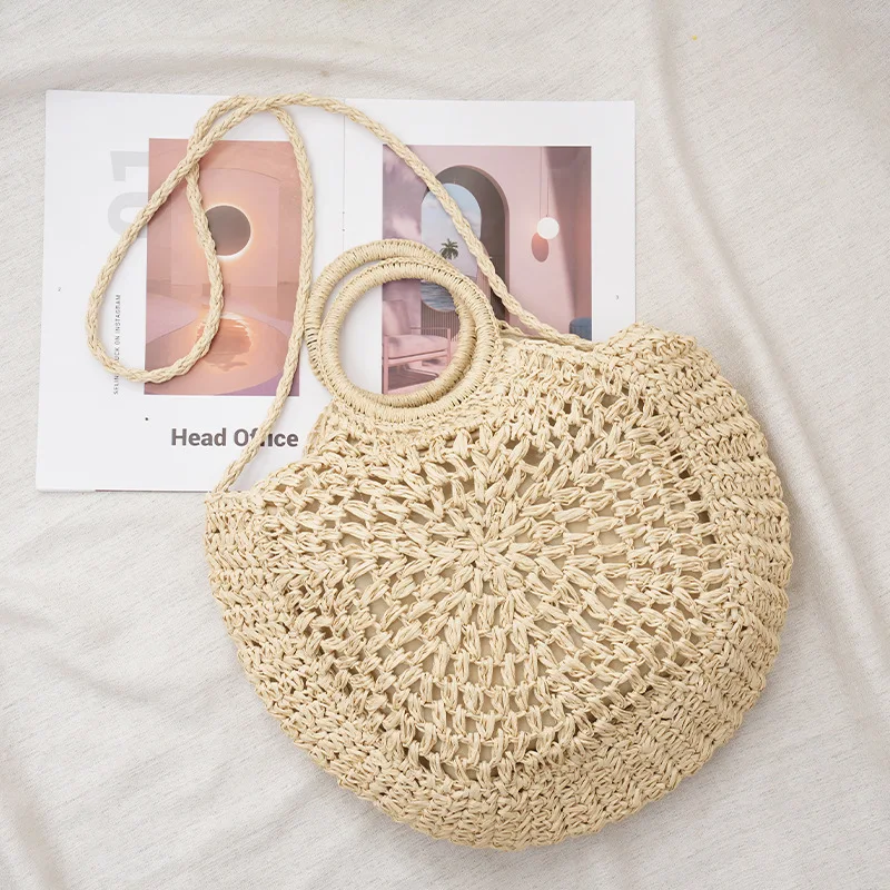 Casual Hollow Round Straw Handbags Paper Woven Women Shoulder Bags Handmade Summer Beach Crossbody Bag Small Bali Purses 2023