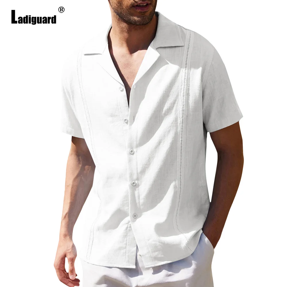 

Ladiguard Mens Casual Linen Blouse Hommes Clothing 2023 Short Sleeve Basic Shirt Masculina Camisa Shirt blusas Tunic Ropa Wear