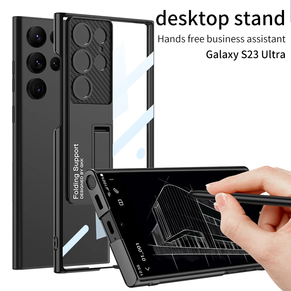 Luxury Transparent Plating Case For Samsung Galaxy S23 S22 Ultra Plus Cover Cases 360-degree Full Package Hidden Bracket For S23