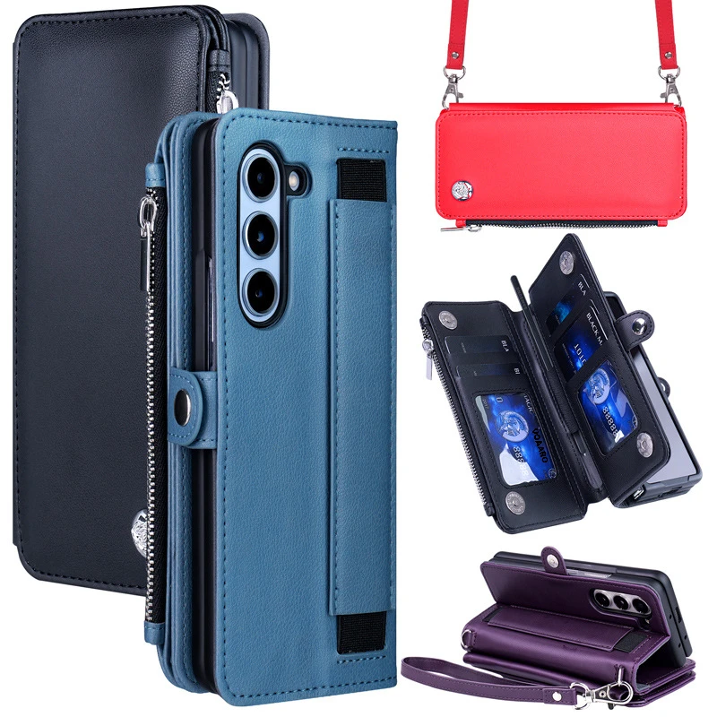 

Flip PU Leather Kickstand Holder Funda for Samsung Galaxy Z Fold 5 Card Slots Wallet Case with Shoulder Wristband Hand Strap