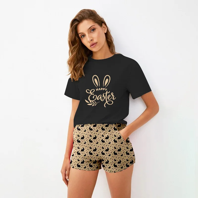 Daeyard Women Casual Home Clothes Summer Short Sleeve Cartoon T-Shirt And Shorts 2Pcs Pajama Set Fashion Pajamas Sleepwear