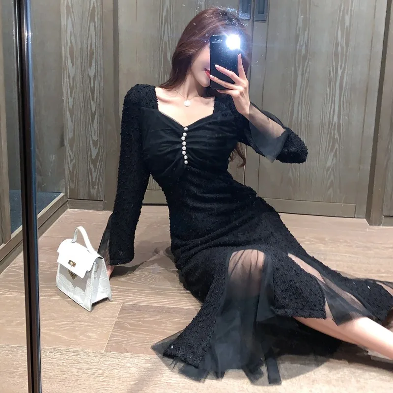 

Fashion Temperament Bottoming with French Long-sleeved Autumn 2023 New Sexy Slim Slimming Fishtail Dress Women's Clothing