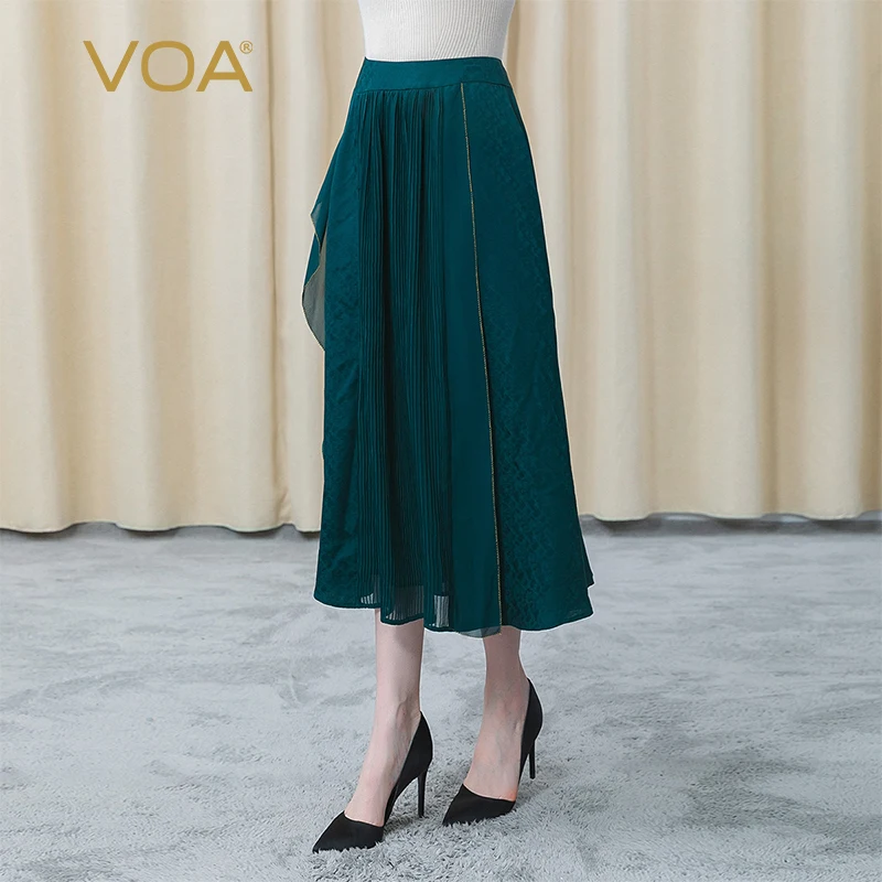 

VOA 100% Pure Silk Jacquard Peacock Green Fold Asymmetric Mosaic Design Natural Waist Loose Fashion Woman Skirt Summer 2022 CE90