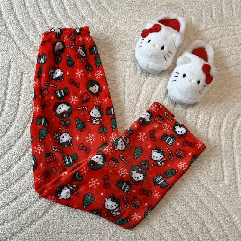 

Christmas Pants Sanrio Hello Kitty Kuromi Anime Pajama Pants Winter Warm Home Casual Pants Plus Fleece Pajama Pant Halloween