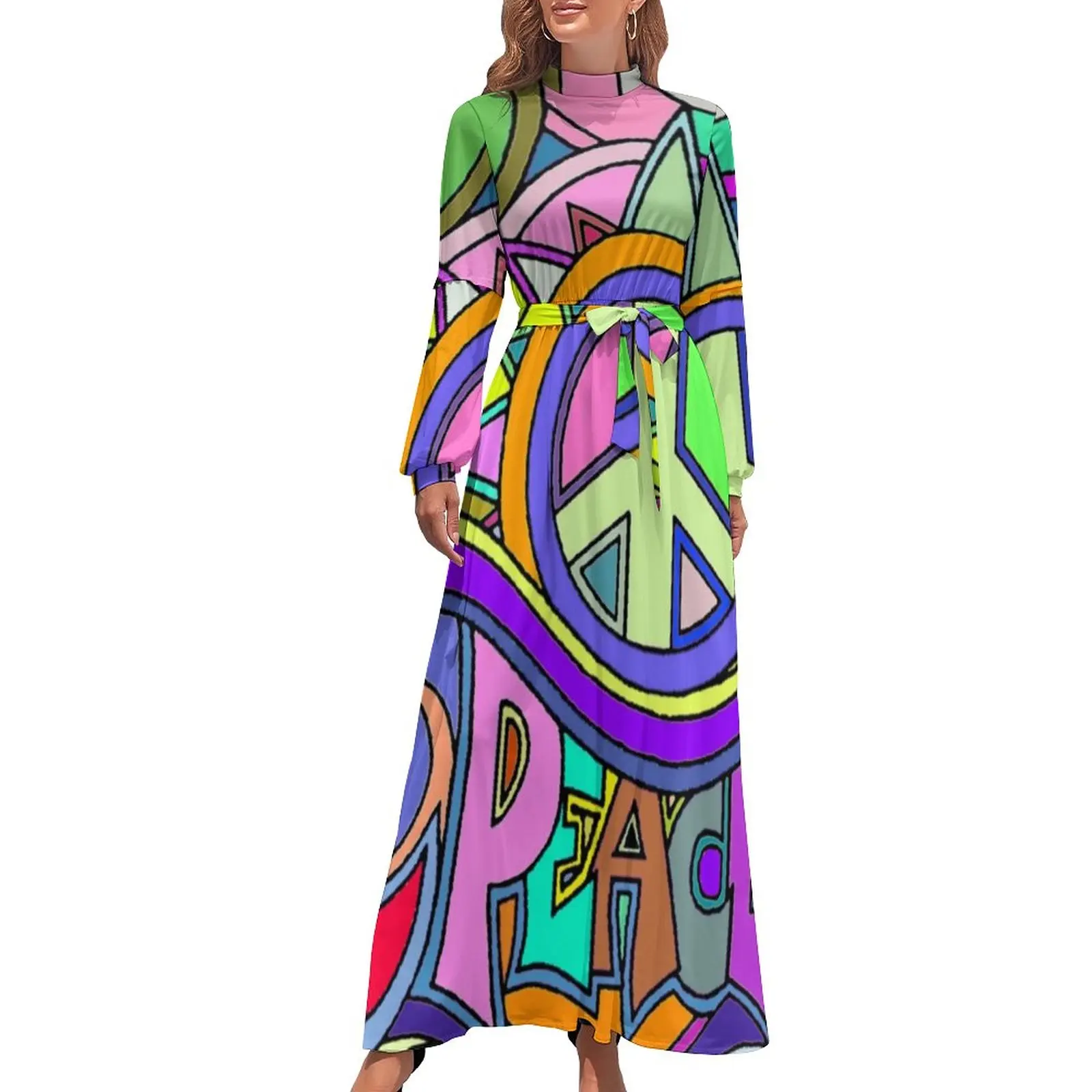 

Colorful Peace Dress High Waist Trippy Hippy Art Print Bohemia Dresses Long Sleeve Street Style Long Maxi Dress Elegant Vestidos
