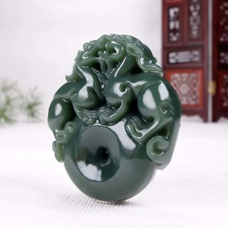 

Natural Hetian Green Jade Carving Double Pixiu Pendant Men and Women Couples Lucky Peace Necklace Pendant Jewelry Gift