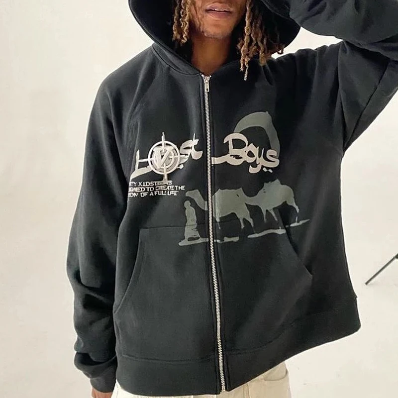 

Fashion High Street Harajuku Vintage Print Hip Hop Punk Chain Cardigan O Neck Hooded Pocket Sweatshirt Drawstring Accessories