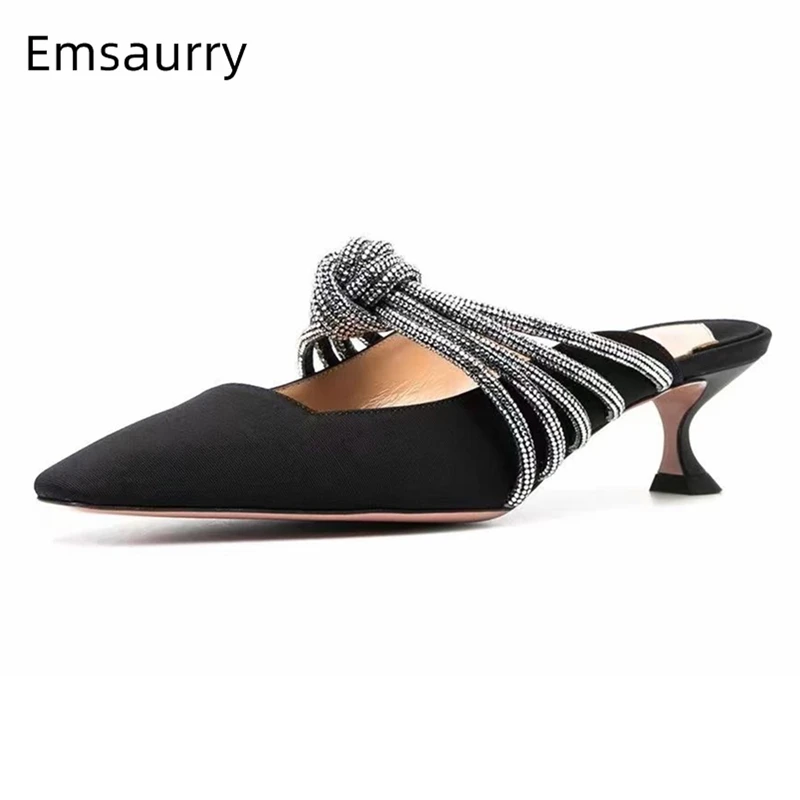 

Crystal Narrow Band Bowknot Sandals Women Sexy Kitten Heel Pointed Toe Luxury Satin Slingbacks Party Shoes Summer